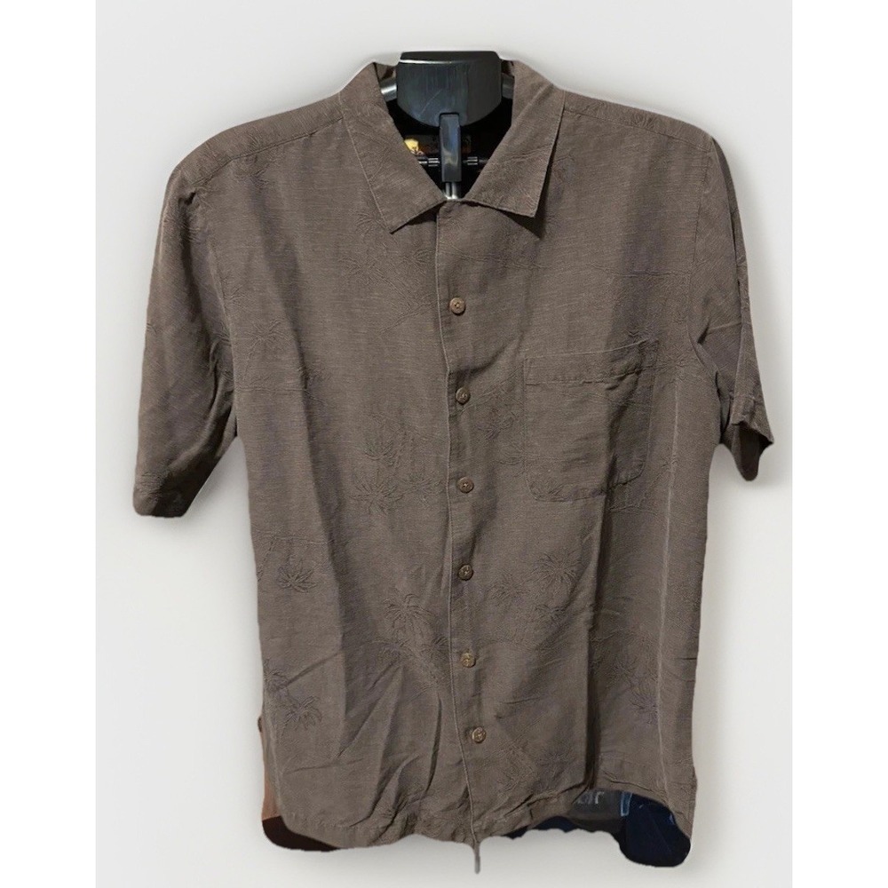 Havana Jacks Mens L Brown Silk Hawaiian Shirt Tone on Tone Palm Textured Print